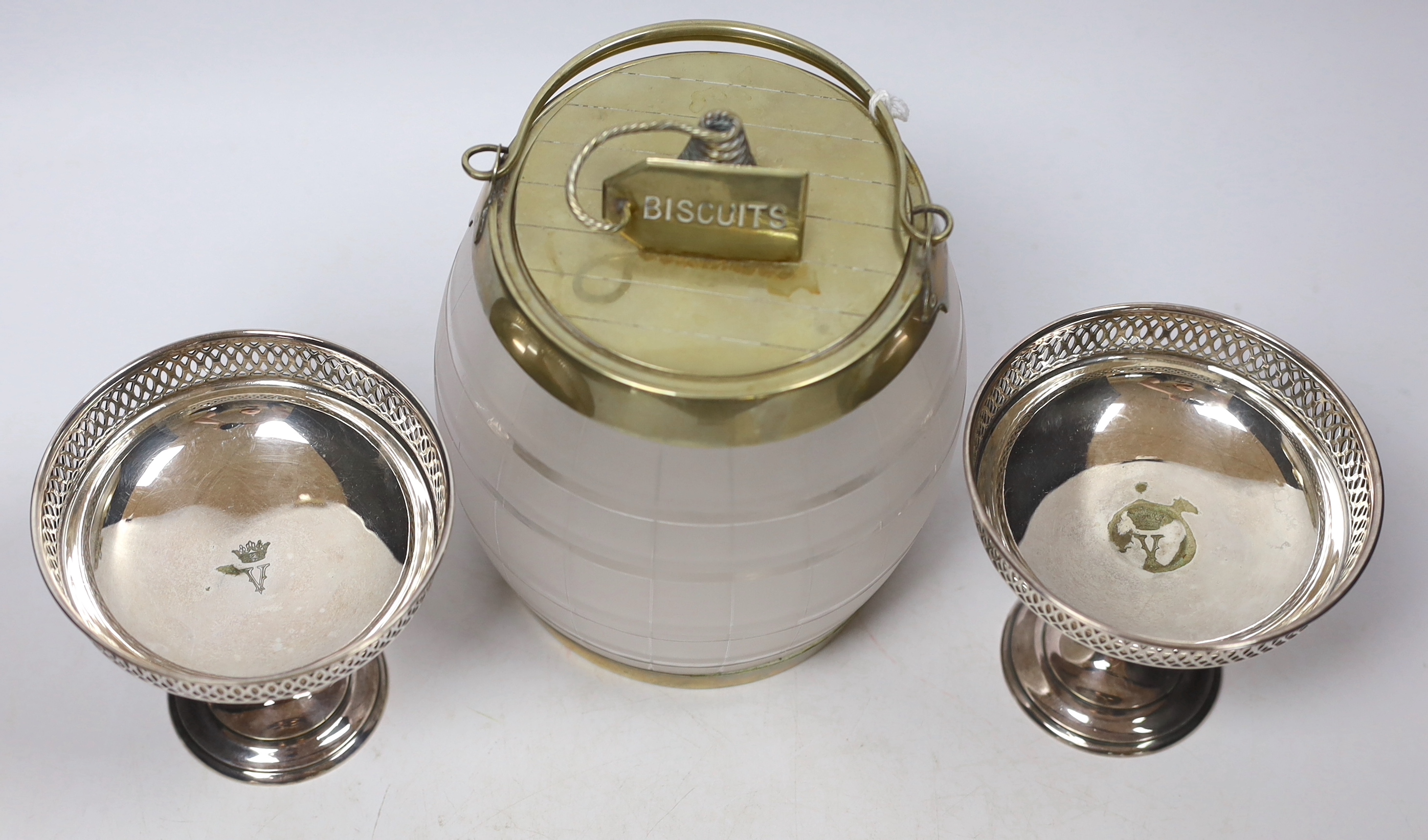 A vintage frosted glass 'BISCUIT' barrel with plated mounts, the cover with 'coiled rope' finial, impressed 'Whiteleys, Westbourne Grove' together with two small sweetmeat tazzas, tallest 17cm